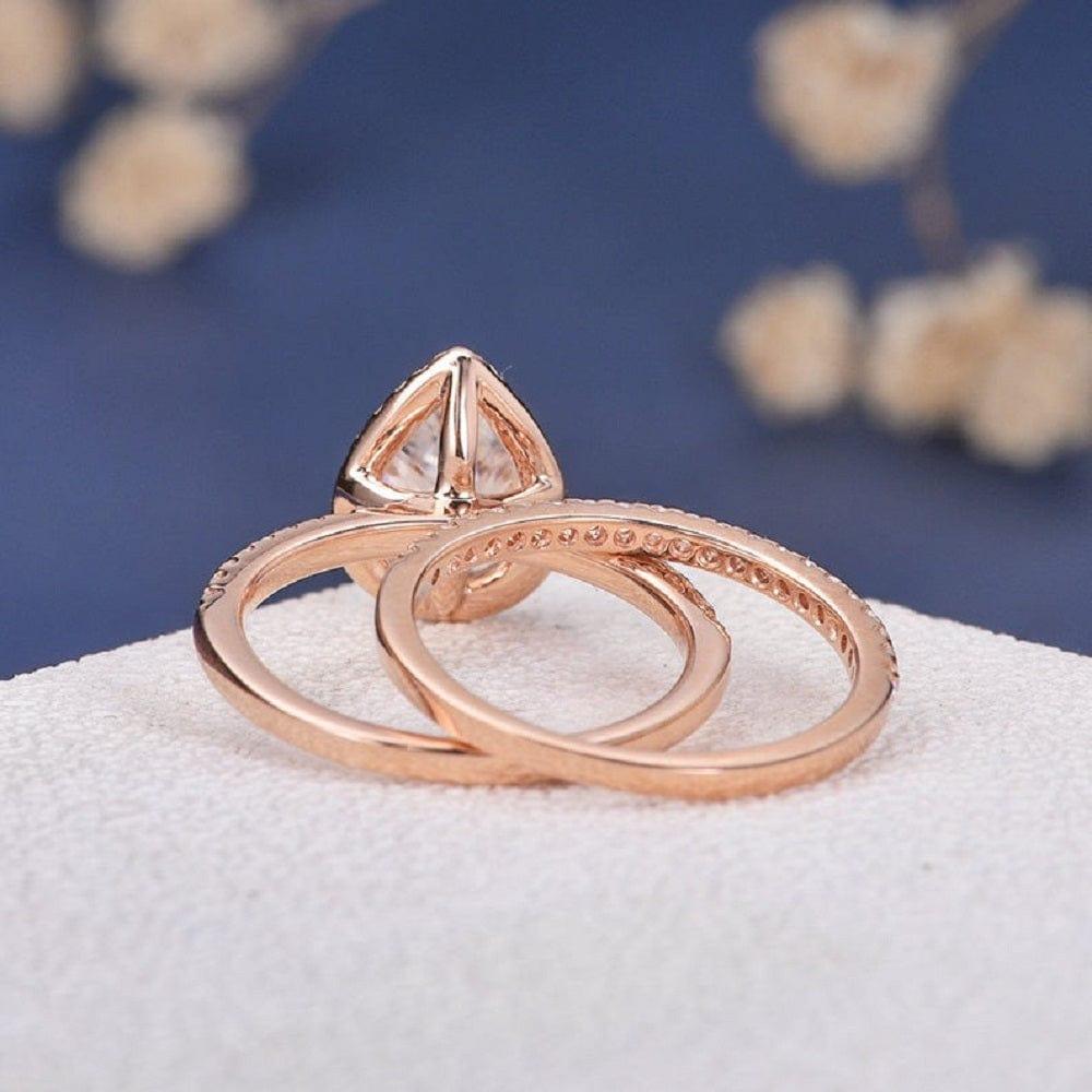 1.10CT Pear Cut Rose Gold Halo Bridal Unique Moissanite Engagement Ring Set - JBR Jeweler