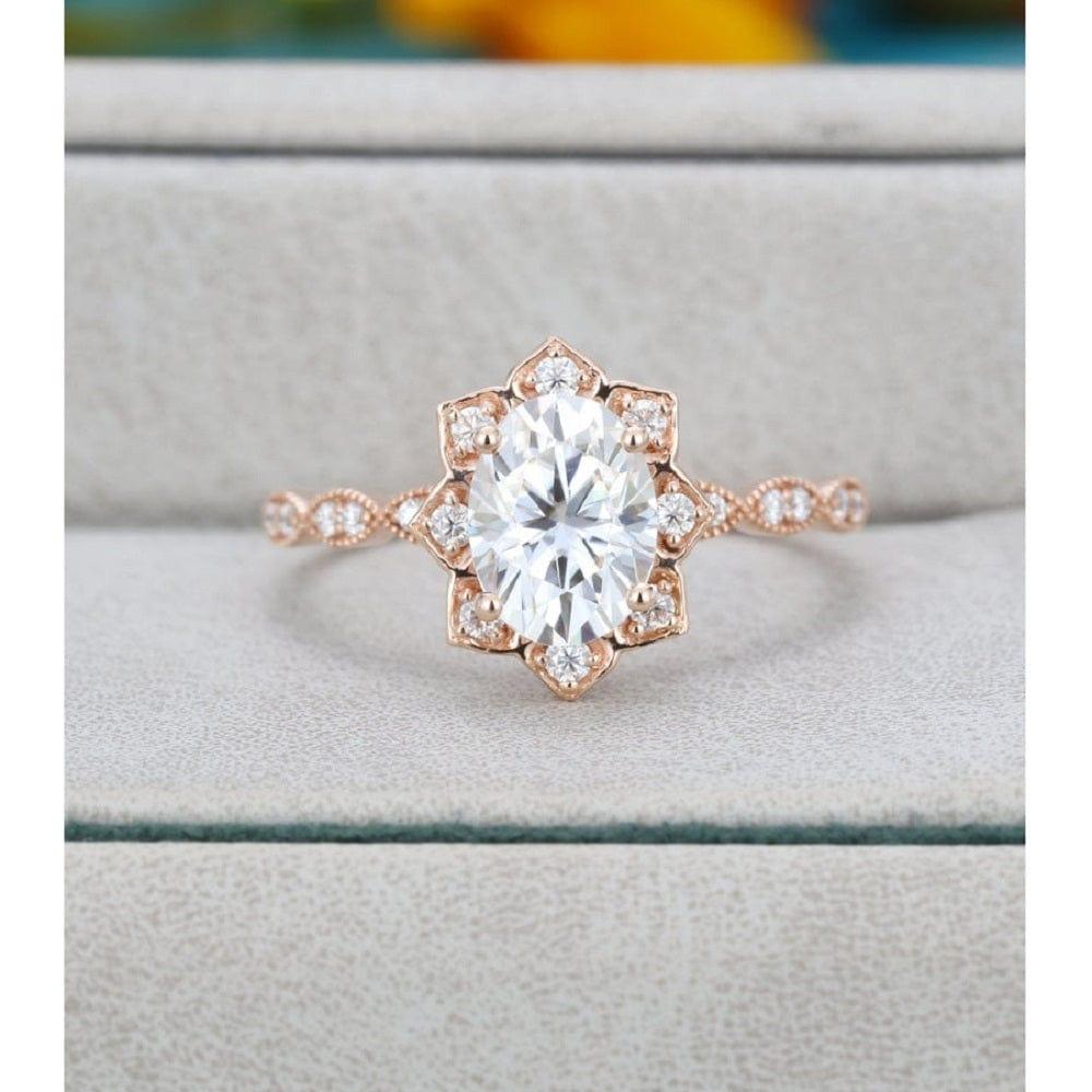 1.20CT Oval Cut Rose Gold Unique Flower Halo Moissanite Engagement Ring - JBR Jeweler