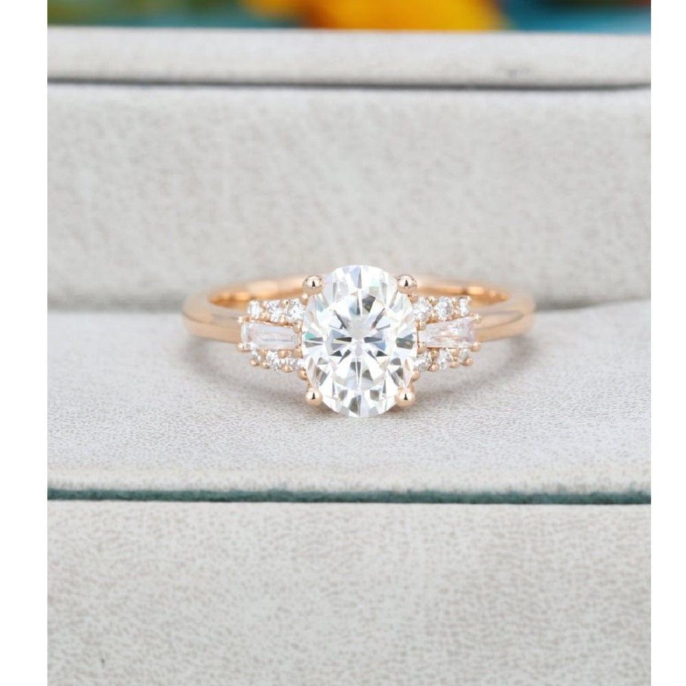1.20CT Oval Cut Unique Rose Gold Cluster Baguette Wedding Moissanite Engagement Ring - JBR Jeweler