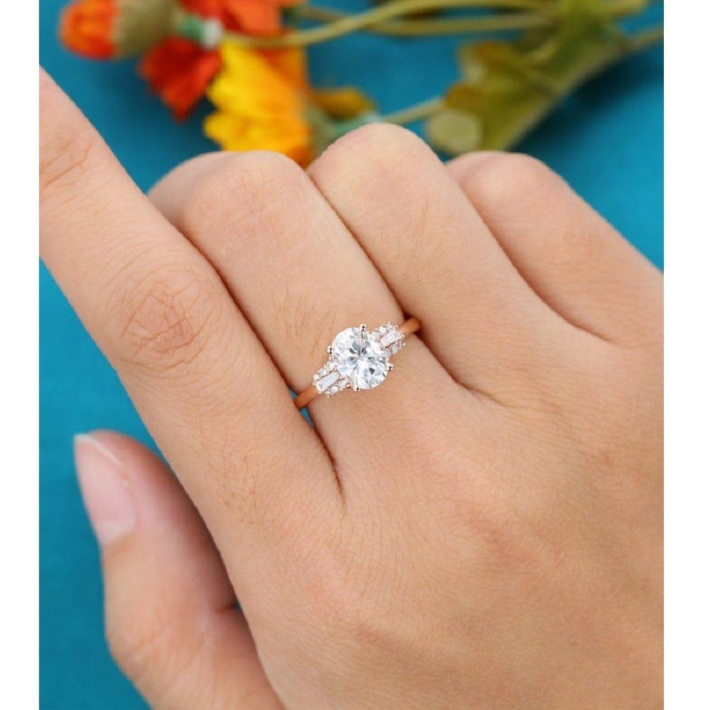1.20CT Oval Cut Unique Rose Gold Cluster Baguette Wedding Moissanite Engagement Ring - JBR Jeweler