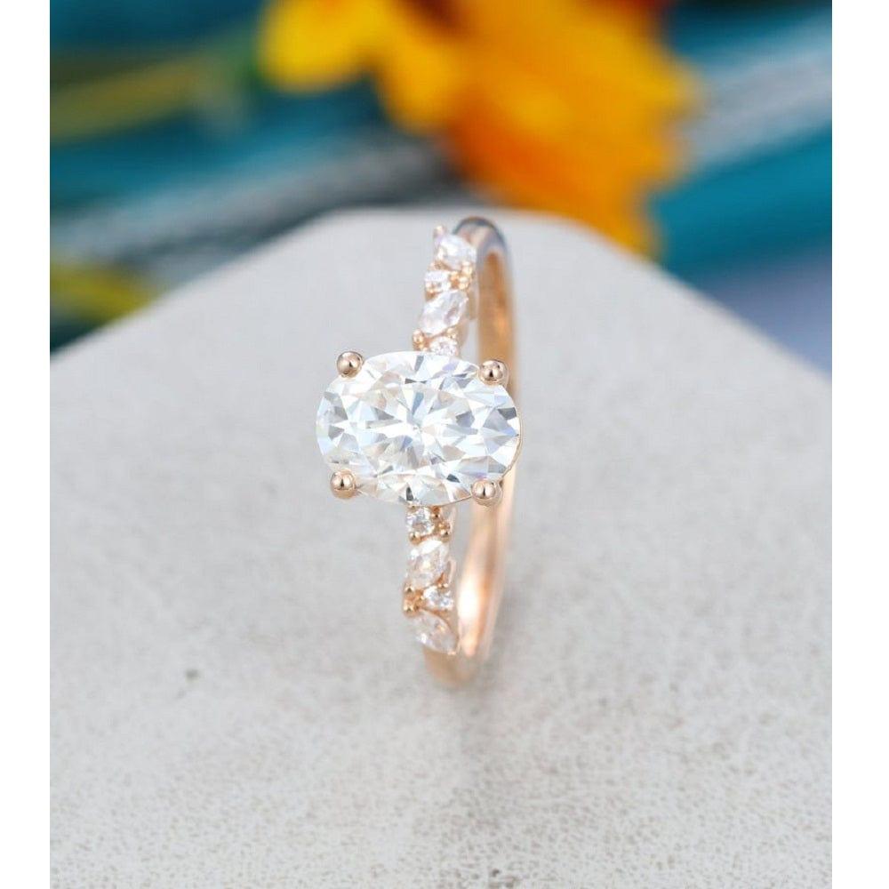 1.25CT Oval Cut Rose Gold Cluster Marquise Moissanite Engagement Wedding Ring - JBR Jeweler