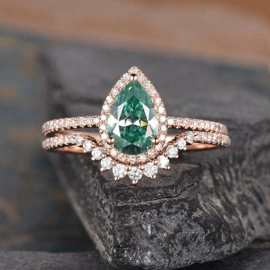 1.25CT Pear Cut Green Halo Diamond Moissanite Engagement Ring Bridal Set - JBR Jeweler