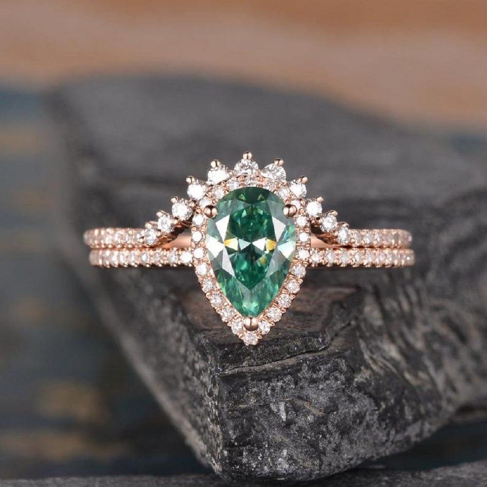 1.25CT Pear Cut Green Halo Diamond Moissanite Engagement Ring Bridal Set - JBR Jeweler