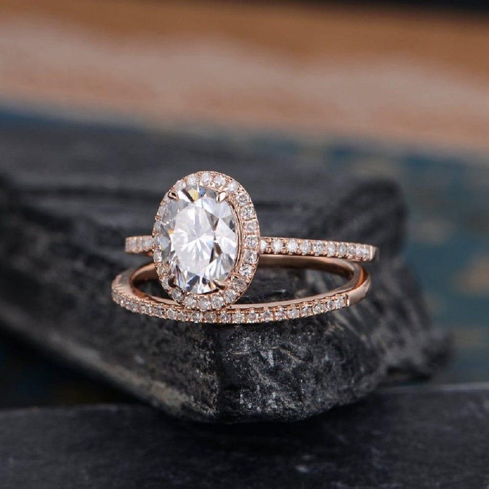 1.30CT Oval Cut Diamond Halo Bridal Moissanite Ring With Matching Band - JBR Jeweler