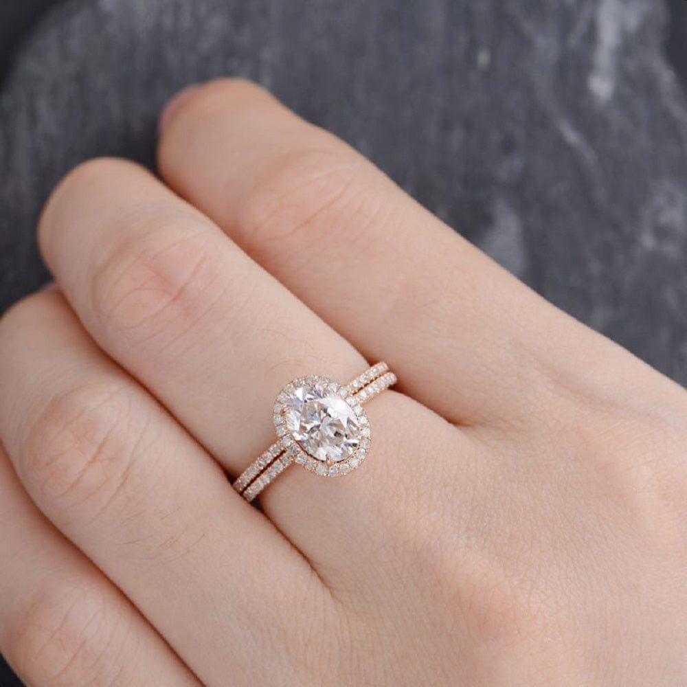 1.30CT Oval Cut Diamond Halo Bridal Moissanite Ring With Matching Band - JBR Jeweler