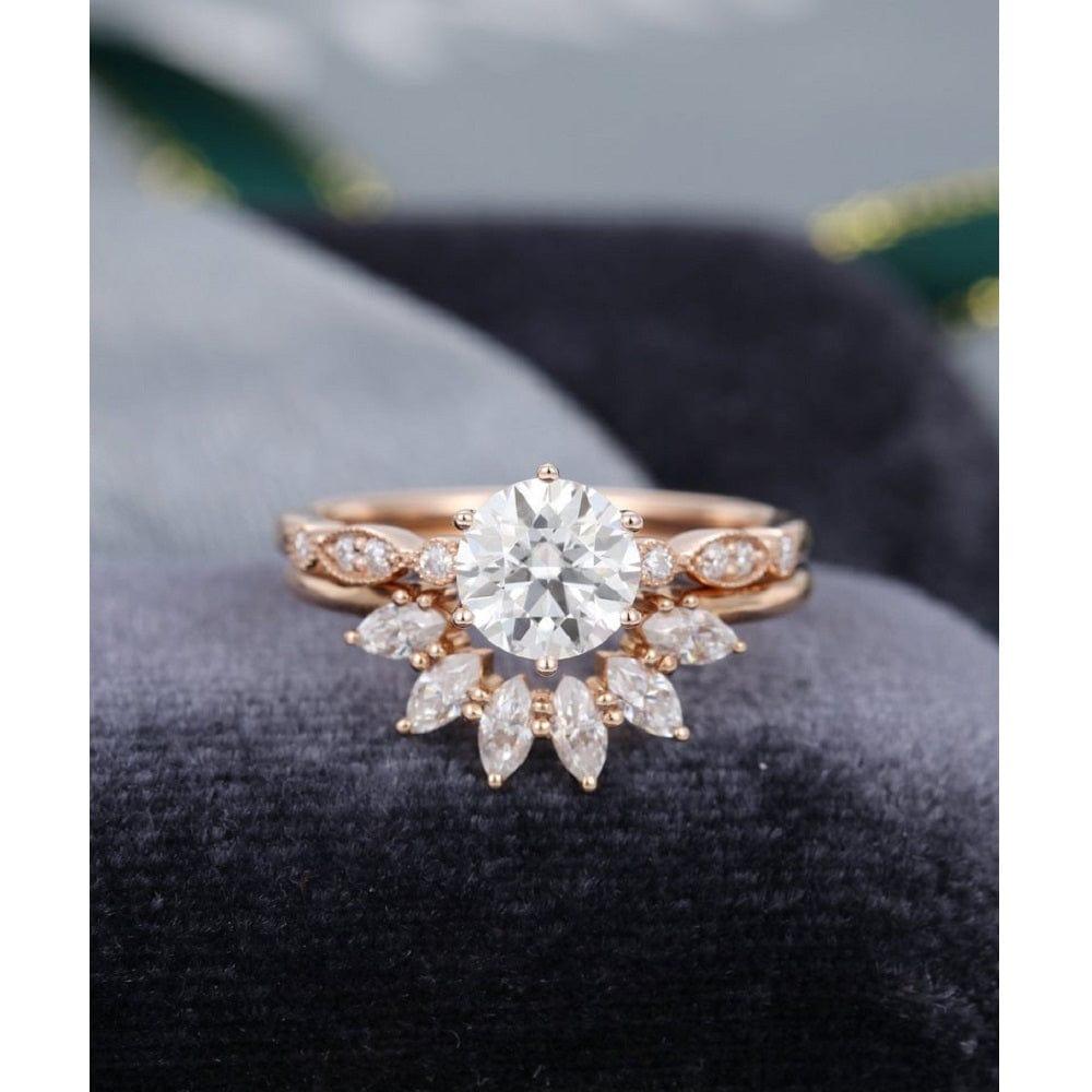 1.30CT Round Cut Art Deco Vintage Curved Moissanite Engagement Ring Set - JBR Jeweler