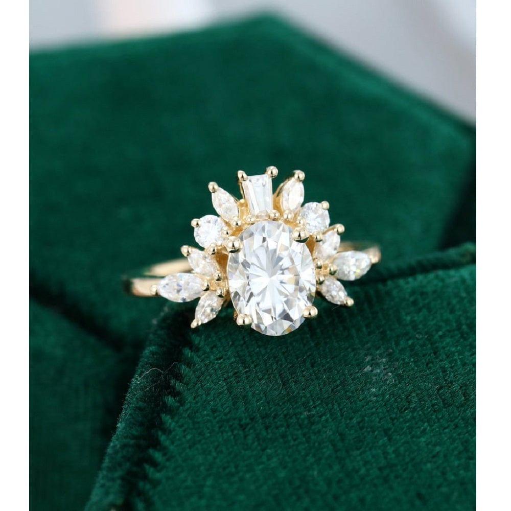 1.40 CT Oval Cut Cluster Yellow Gold Moissanite Engagement Ring - JBR Jeweler