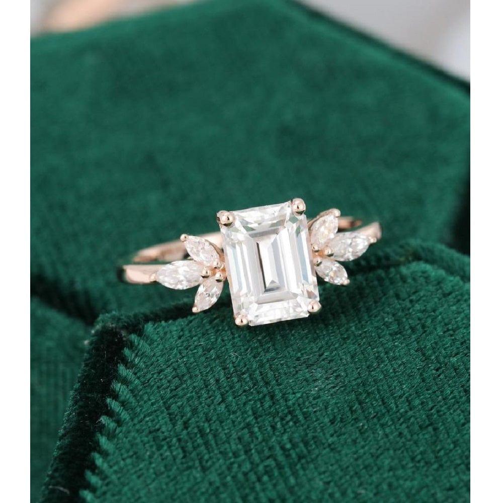 1.5 CT Emerald Cut Unique Rose Gold Marquise Accent Moissanite Engagement Ring - JBR Jeweler