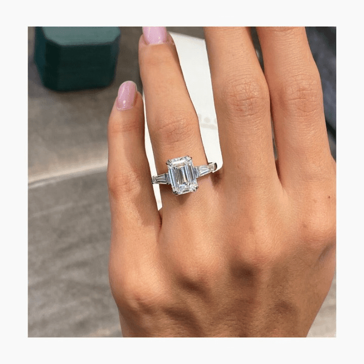 Emerald cut diamond ring with baguette side stones sale