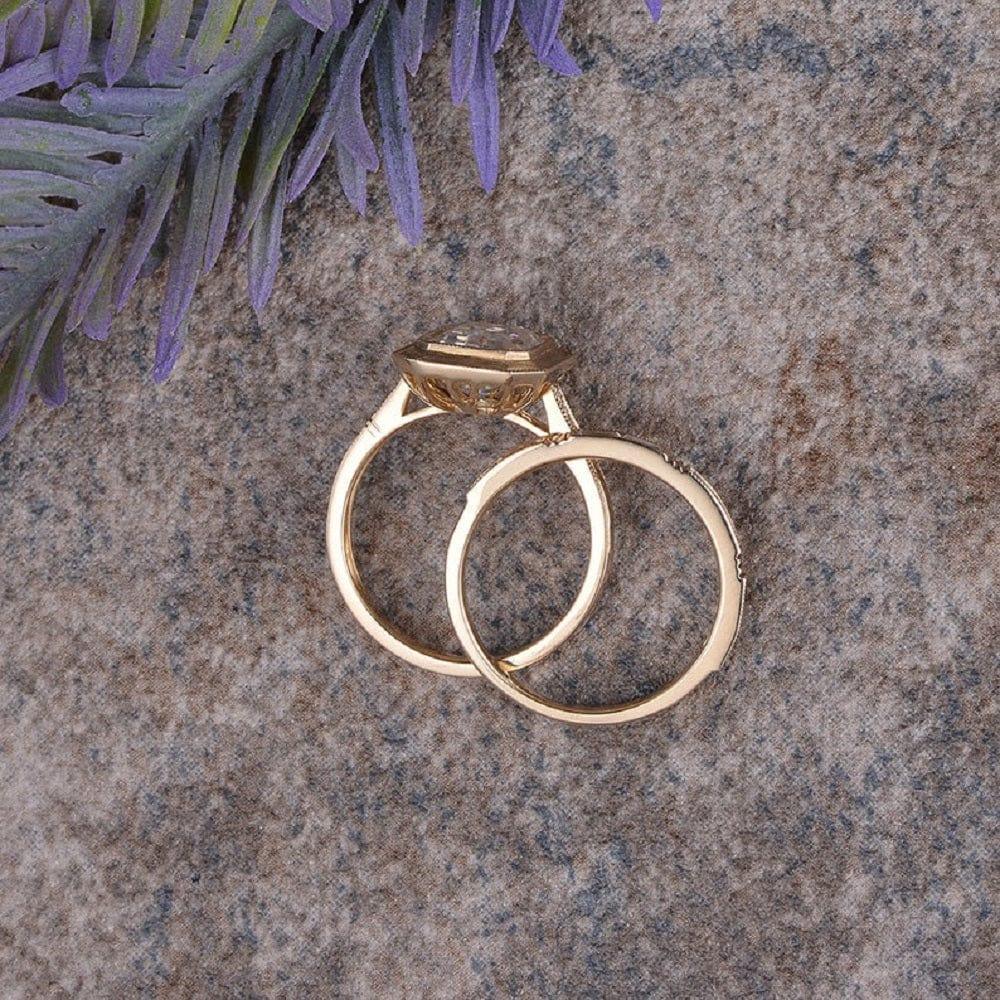 1.50Ct Emerald Cut Yellow Gold Bridal Set Half Eternity Bezel Moissanite Engagement Ring - JBR Jeweler