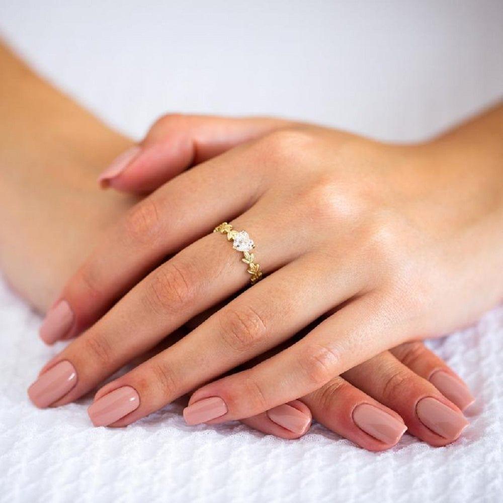 1.50Ct Heart Cut Unique Gold Leaves Bridal Floral Moissanite Wedding Engagement Ring - JBR Jeweler
