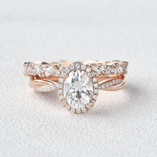 1.50CT Oval Cut Lab-Grown Diamond Twist Halo Bridal Set Ring (2Pcs) - JBR Jeweler