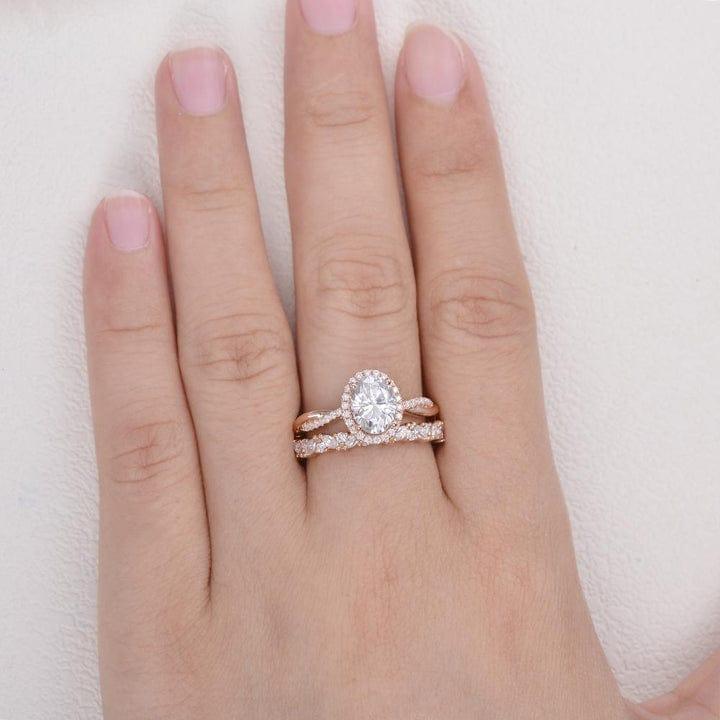 1.50CT Oval Cut Lab-Grown Diamond Twist Halo Bridal Set Ring (2Pcs) - JBR Jeweler