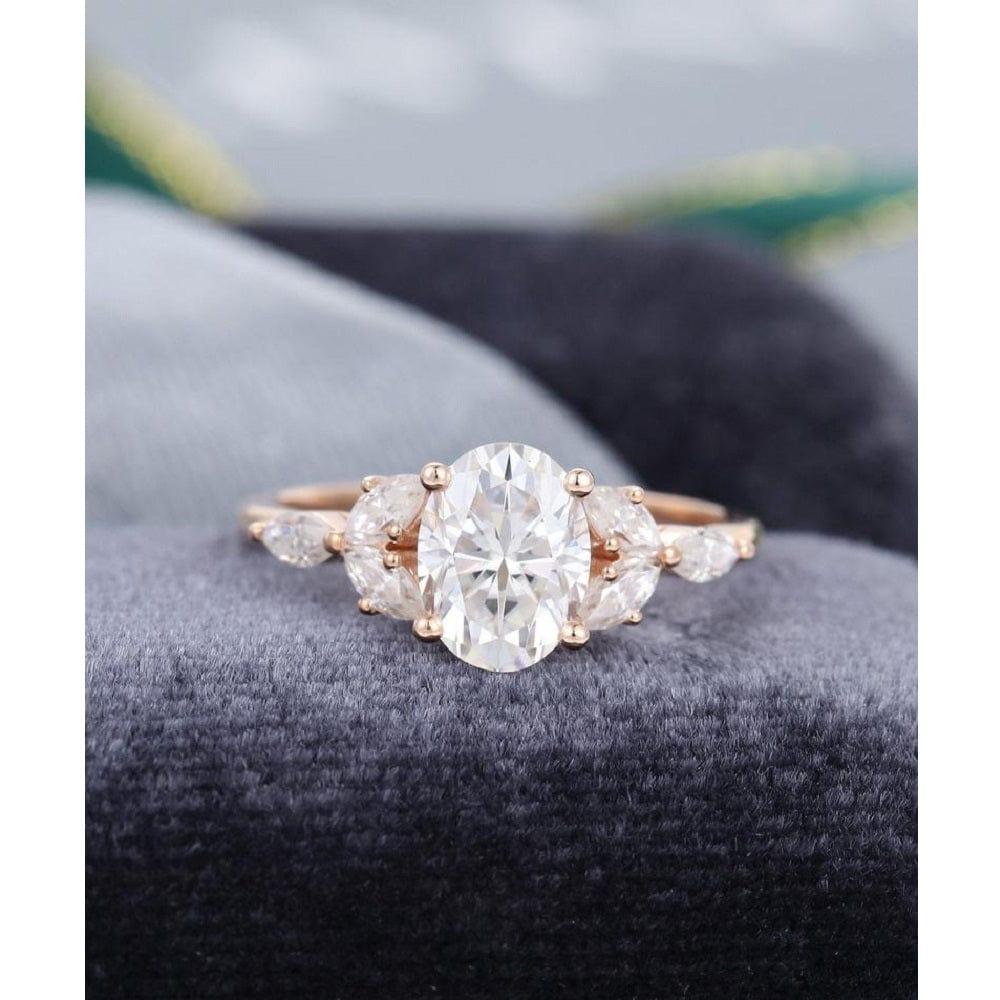 1.50CT Oval Cut Rose Gold Unique Diamond Cluster Marquise Moissanite Engagement Ring - JBR Jeweler