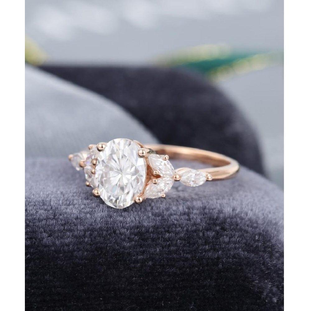 1.50CT Oval Cut Rose Gold Unique Diamond Cluster Marquise Moissanite Engagement Ring - JBR Jeweler