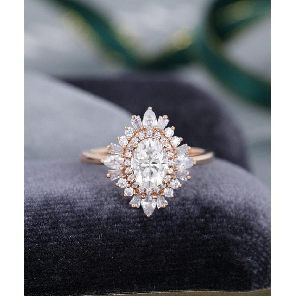 1.50CT Oval Cut Rose Gold Vintage Halo Baguette Set Moissanite Engagement Wedding Ring - JBR Jeweler