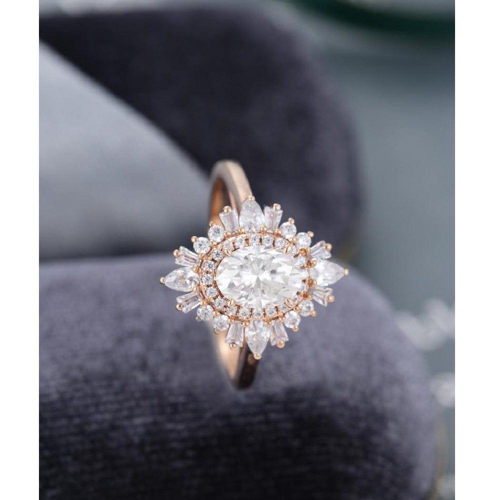 1.50CT Oval Cut Rose Gold Vintage Halo Baguette Set Moissanite Engagement Wedding Ring - JBR Jeweler