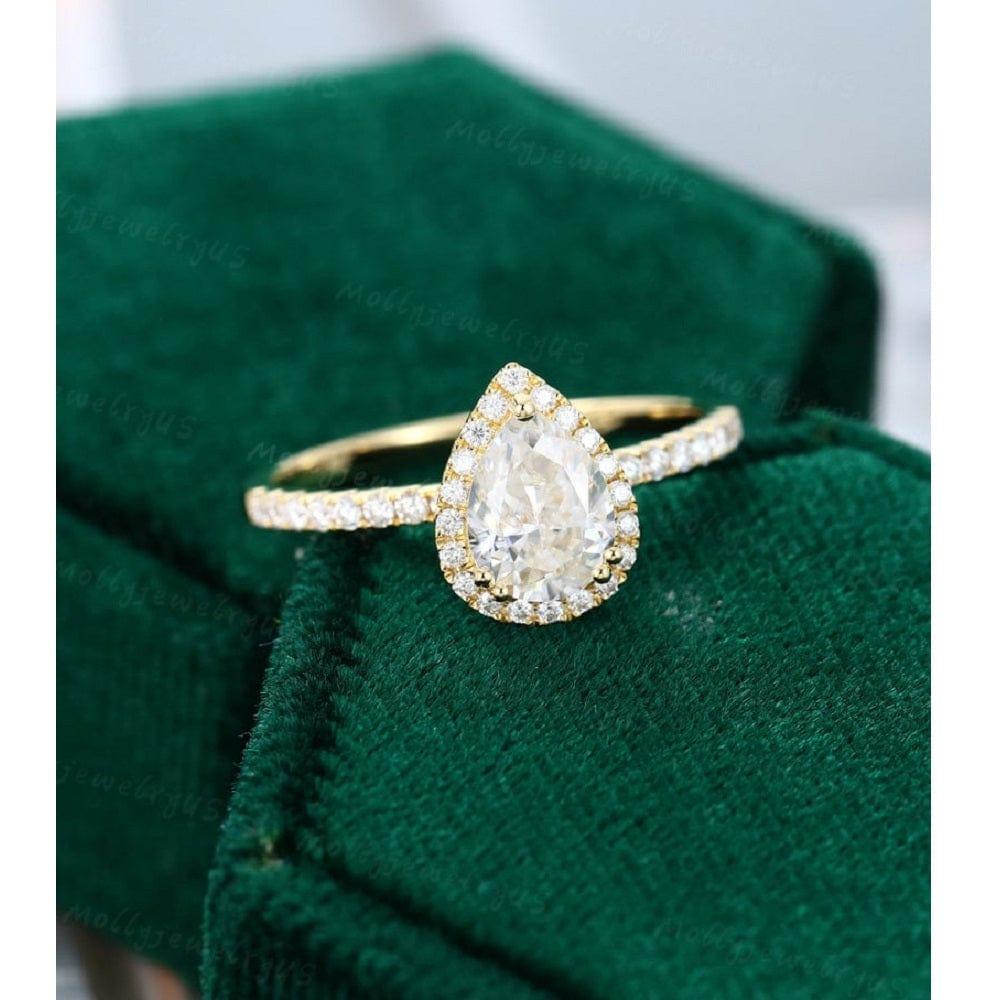 1.50CT Pear Shaped Yellow Gold Unique Halo Moissanite Engagement Anniversary Ring - JBR Jeweler