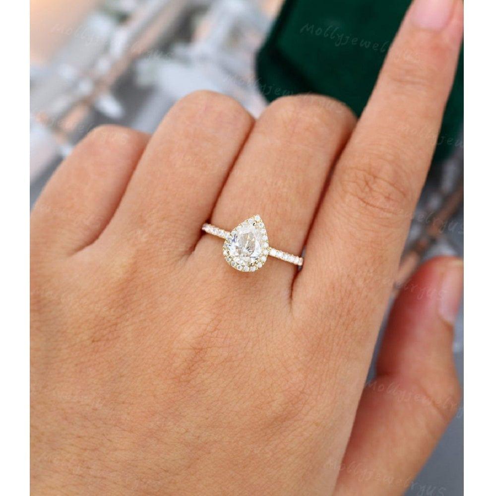 1.50CT Pear Shaped Yellow Gold Unique Halo Moissanite Engagement Anniversary Ring - JBR Jeweler