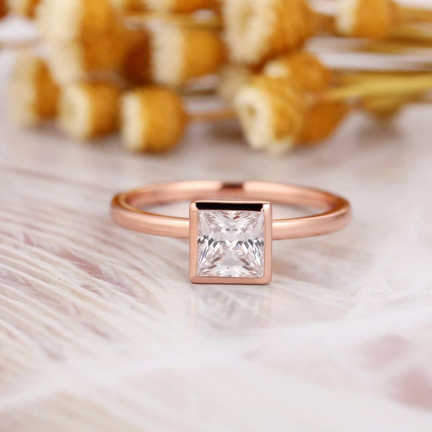 1.50CT Princess Cut Bezel Set 14K Rose Gold Solitaire Moissanite Engagement Ring - JBR Jeweler