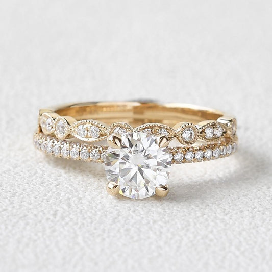 1.50CT Round Cut Lab Grown Diamond Crown Bridal Ring Set with Band (2PCS) - JBR Jeweler