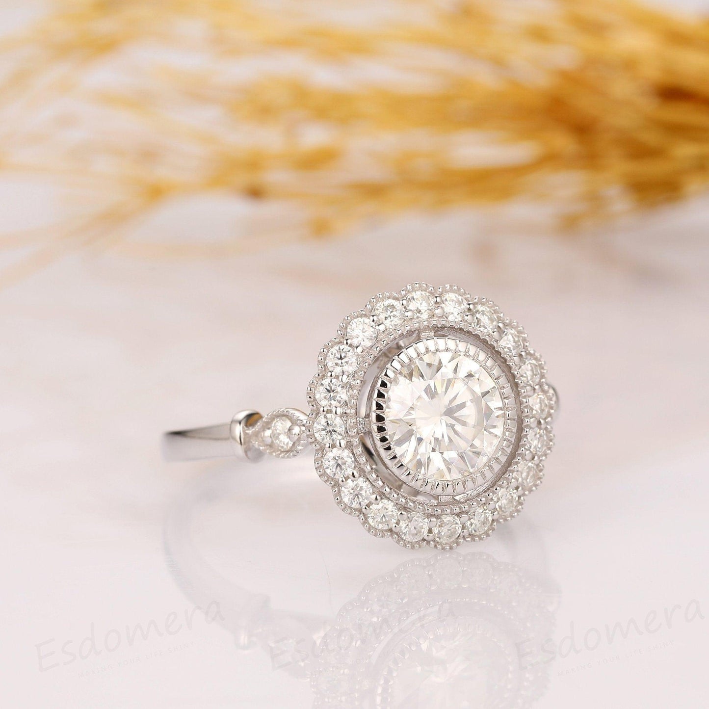 1.50CT Round Cut Vintage Rainbow Halo 14k White Gold Moissanite Engagement Ring - JBR Jeweler