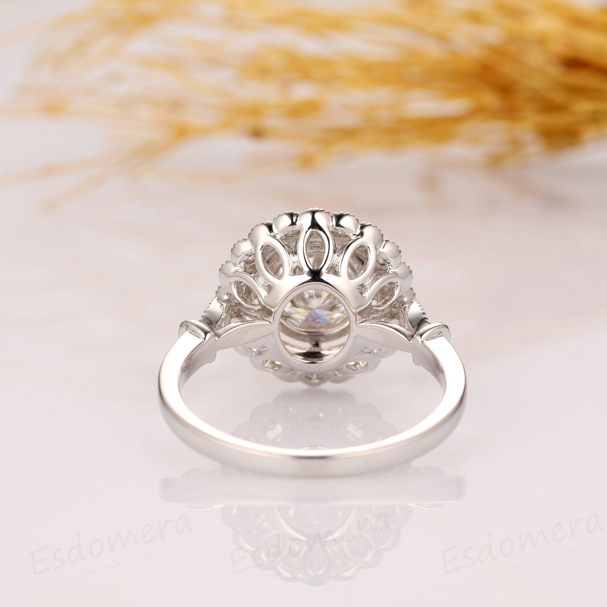 1.50CT Round Cut Vintage Rainbow Halo 14k White Gold Moissanite Engagement Ring - JBR Jeweler
