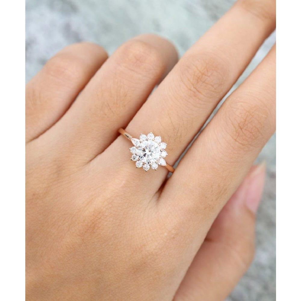 1.50CT Round Cut Vintage Rose Gold Halo Flower Moissanite Wedding Engagement Ring - JBR Jeweler