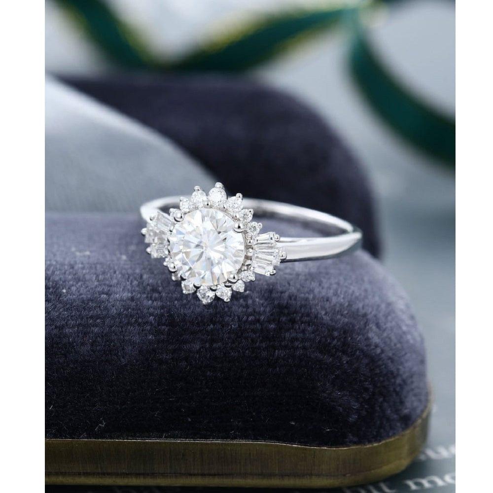 1.50CT Round Cut White Gold Halo Diamond /CZ Art Deco Unique Baguette Antique Moissanite Engagement Ring - JBR Jeweler