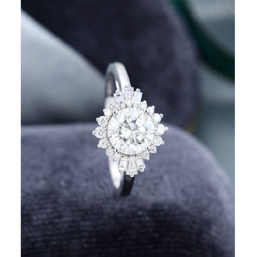 1.50CT Round Cut White Gold Halo Diamond /CZ Art Deco Unique Baguette Antique Moissanite Engagement Ring - JBR Jeweler