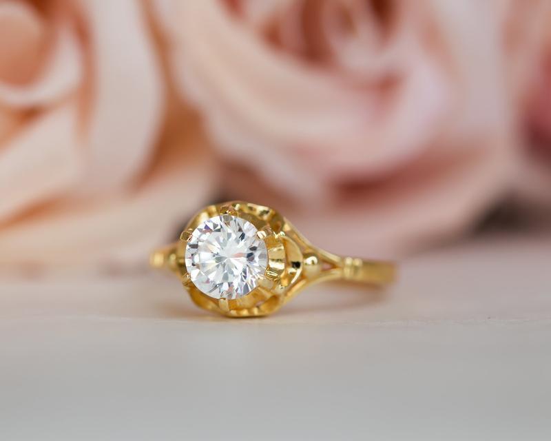1.50CT Yellow Gold Vintage Inspired Round Cut Moissanite Engagement Ring - JBR Jeweler