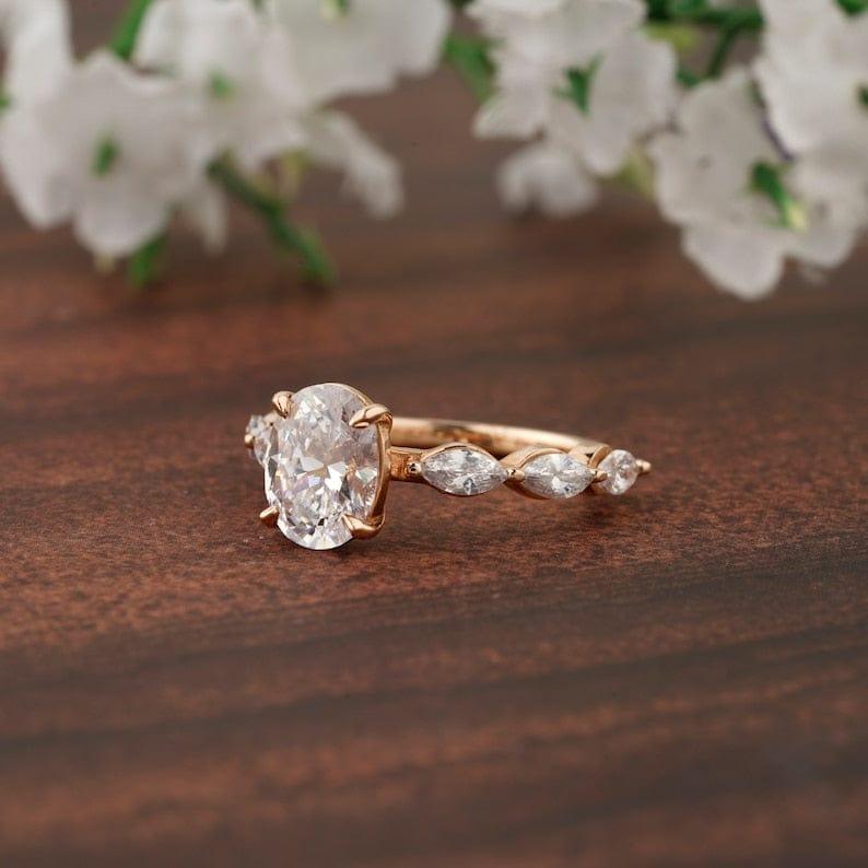 1.5CT Oval Diamond Cluster Marquise on Shank Moissanite Engagement Ring