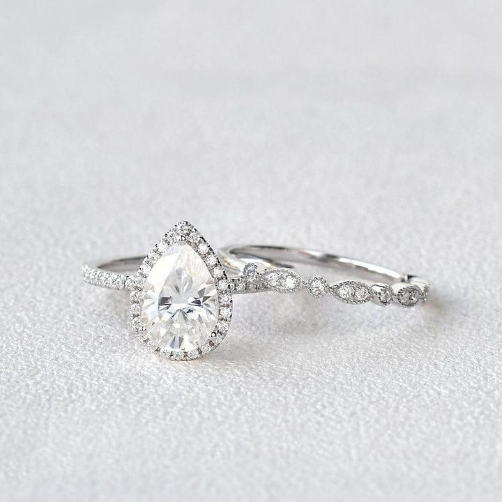 1.5CT Pear Cut Lab-Grown Diamond Halo Bridal Set Stacking Ring (2Pcs) - JBR Jeweler
