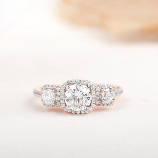 1.60CT Round Cut Lab-Grown Diamond 3 Stone Halo Engagement Ring - JBR Jeweler