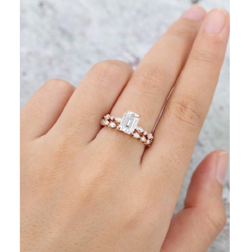 1.75Ct Emerald Cut Rose Gold Half Eternity Pear Cut Stacking Matching Moissanite Engagement Ring - JBR Jeweler