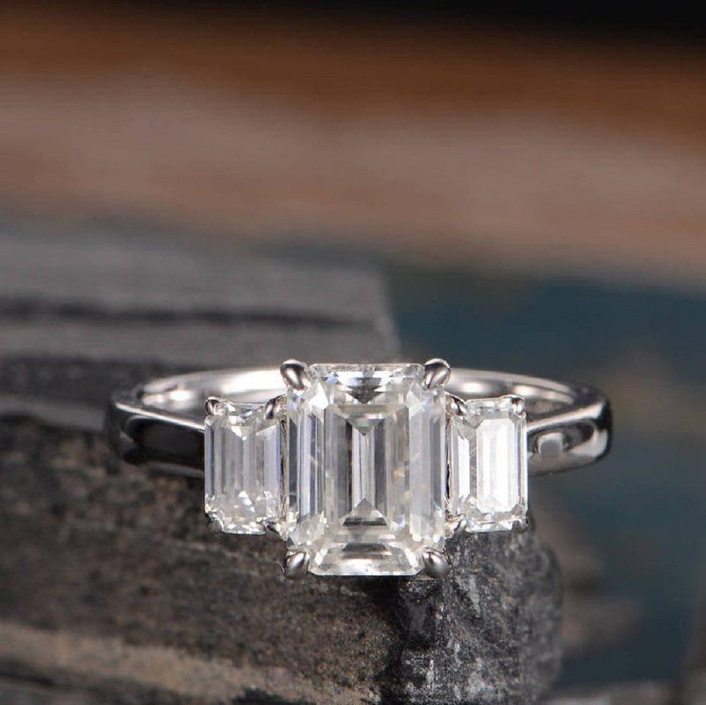 1.75CT Emerald Cut Three Stone White Gold Antique Women Moissanite Engagement Ring - JBR Jeweler