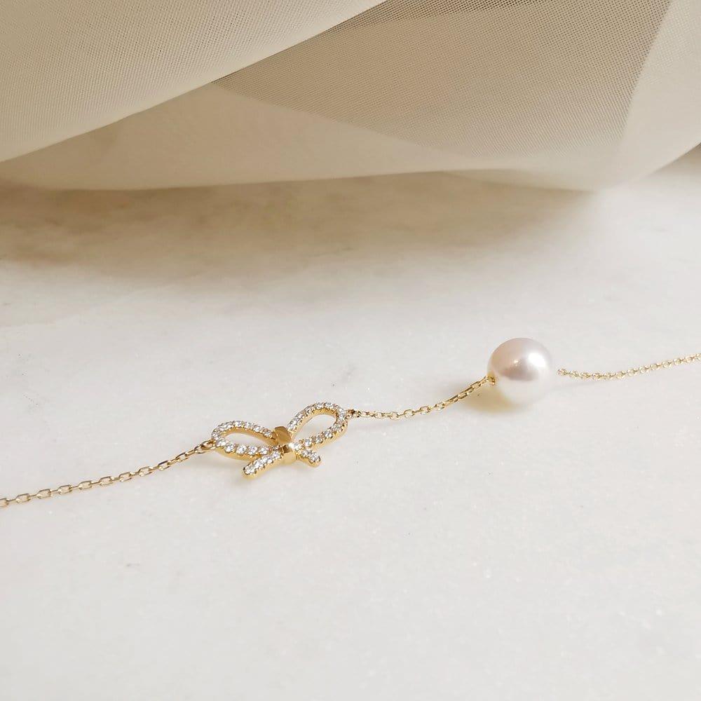 14k Gold Bow Heart Pearl Bracelet - JBR Jeweler