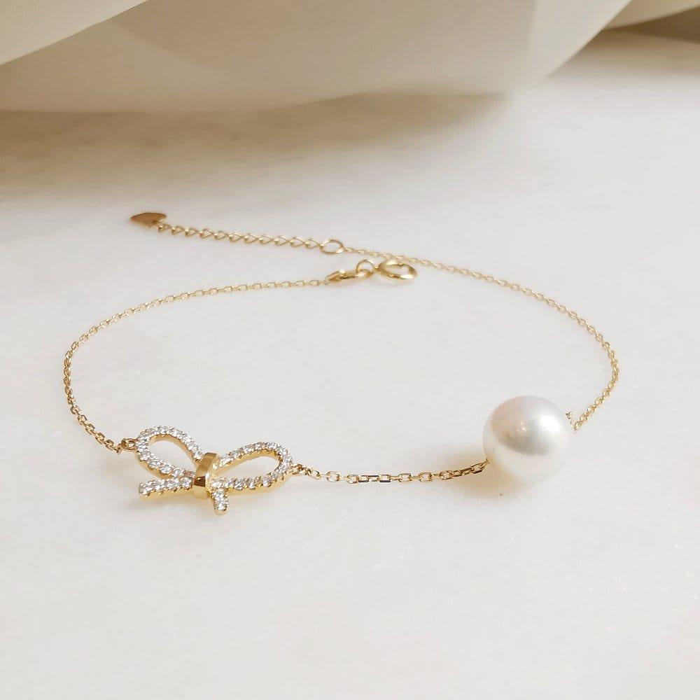 14k Gold Bow Heart Pearl Bracelet - JBR Jeweler