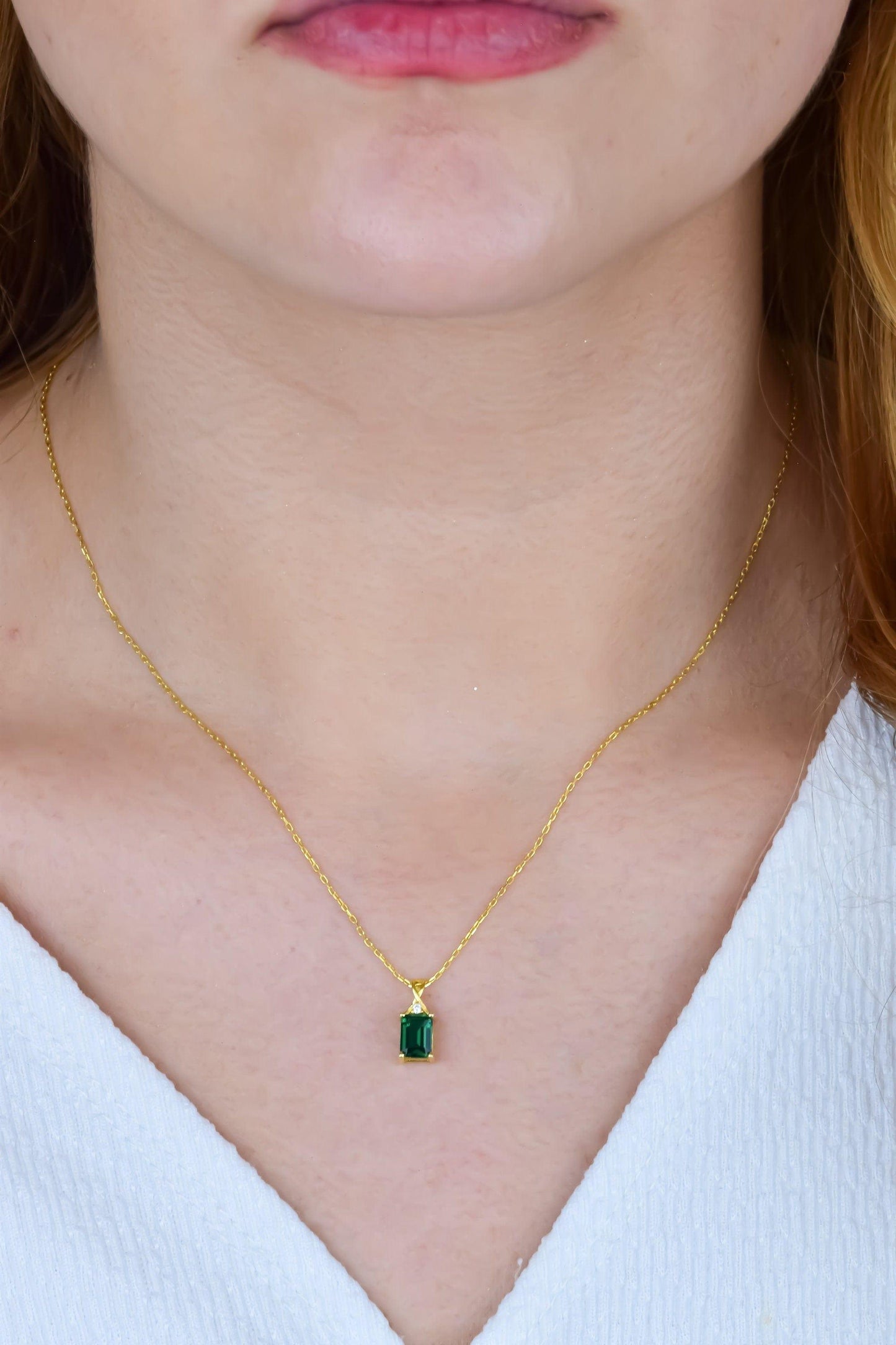 14K Gold Emerald Cut Solid Necklace Pendant Dainty Emerald Necklace Gift For Her - JBR Jeweler