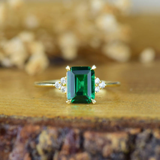 14K Gold Emerald Green Gemstone Promise Emerald Cut Birthstone Engagement Ring - JBR Jeweler