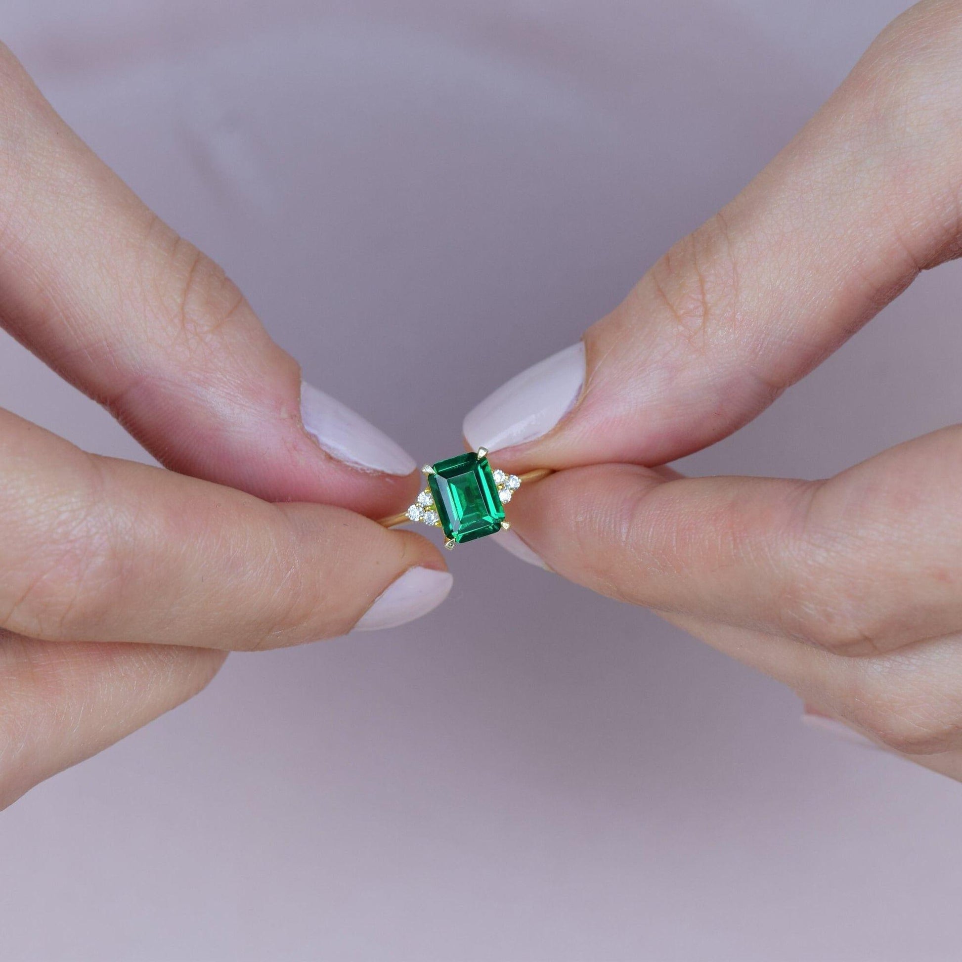14K Gold Emerald Green Gemstone Promise Emerald Cut Birthstone Engagement Ring - JBR Jeweler