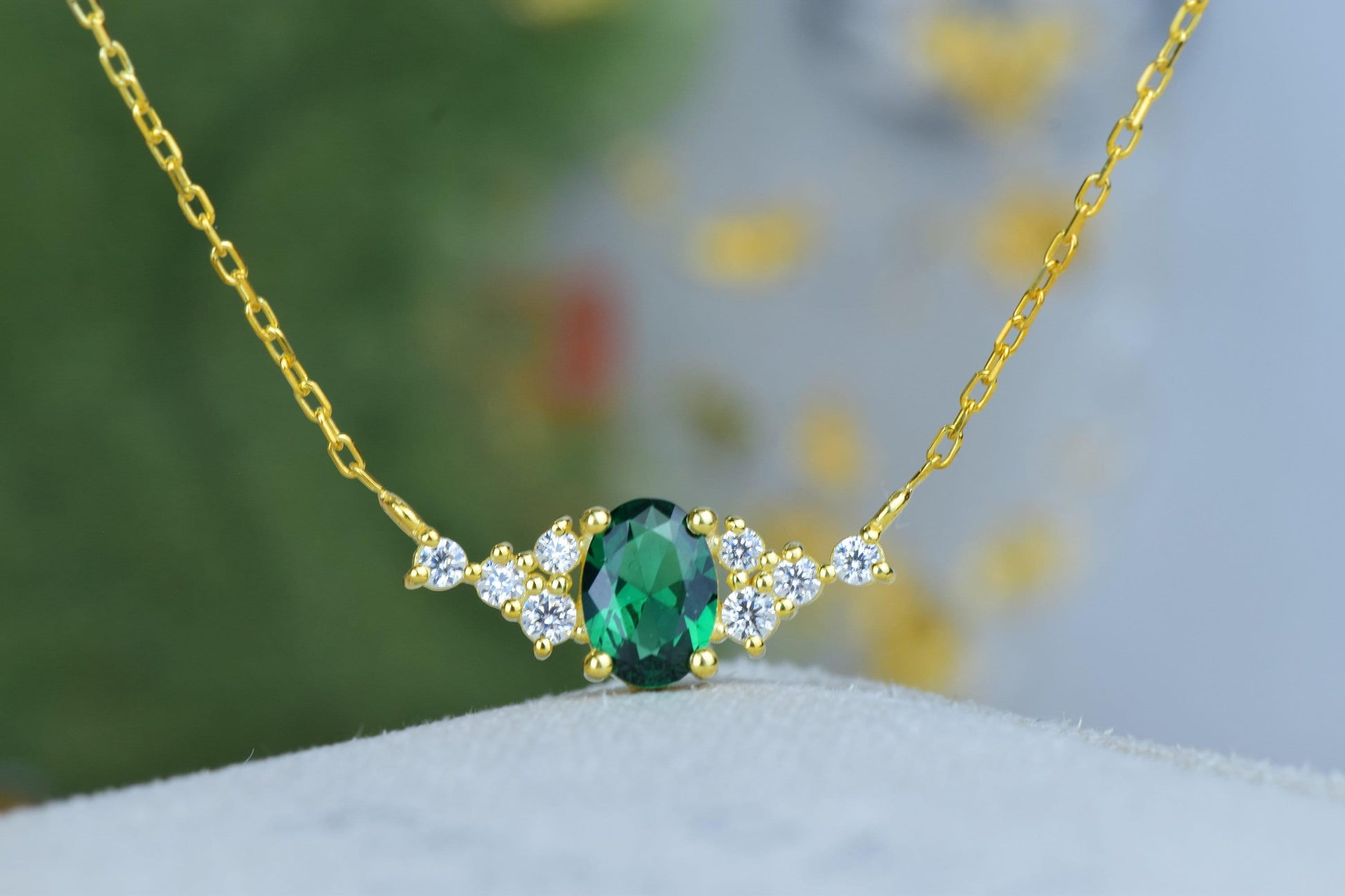 14k Gold Oval Cut Gemstone Emerald Pendant Chain Dainty Anniversary Necklace - JBR Jeweler