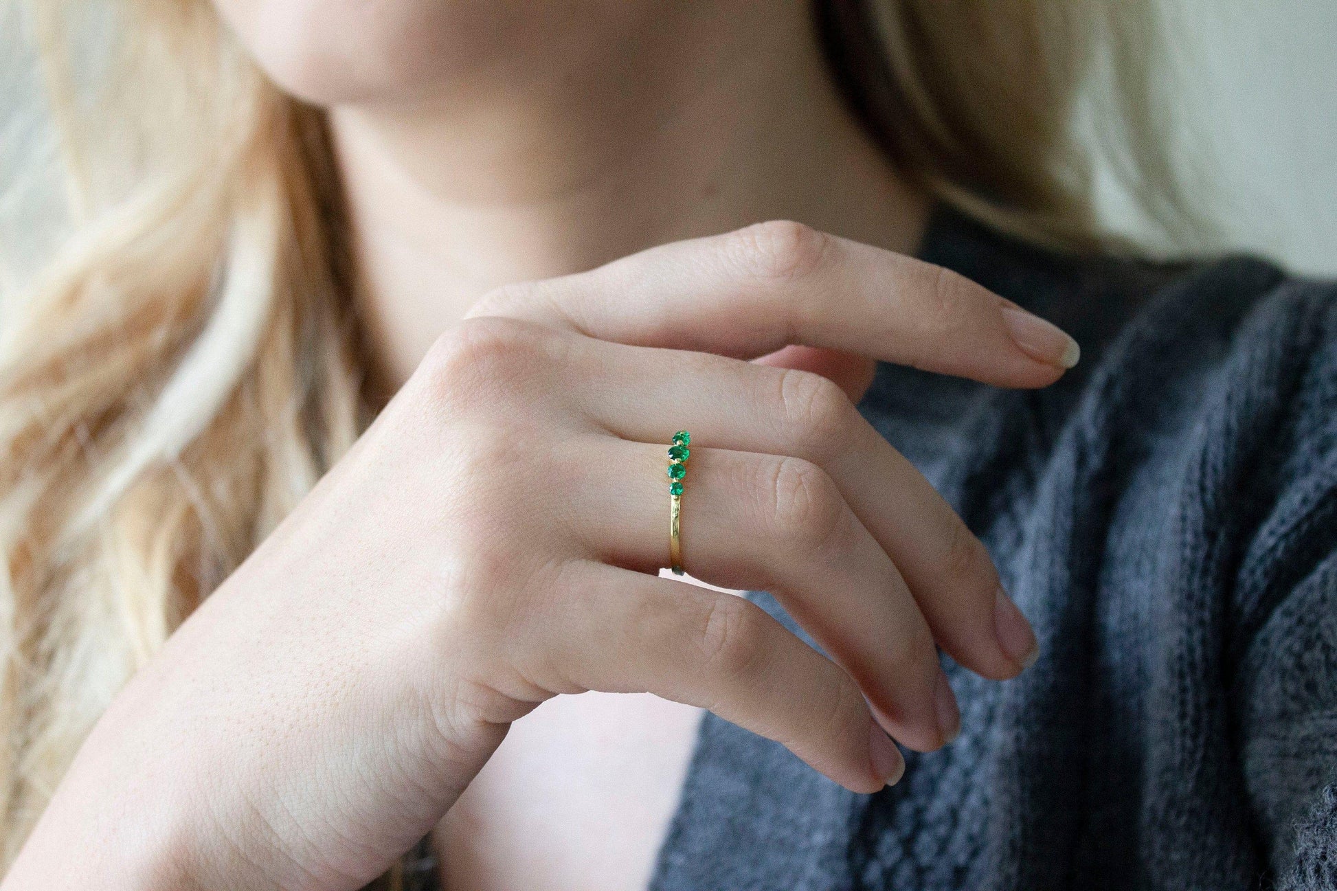 14k Solid Gold 5 Stone Emerald Round Cut Multi Stone Wedding May Birthstone Ring - JBR Jeweler