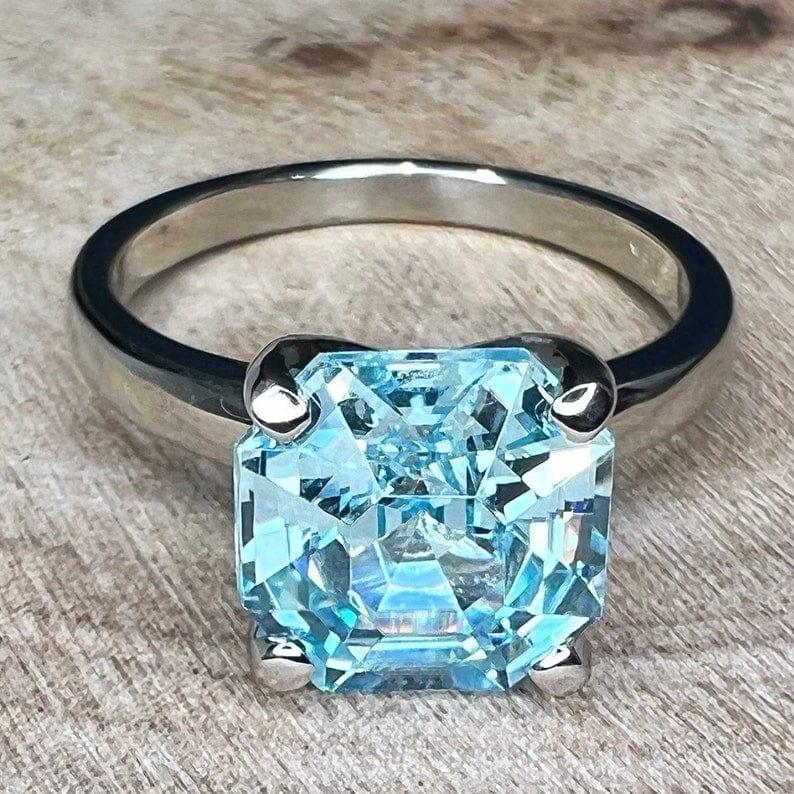 14K Solid Gold Asscher Cut Aquamarine Engagement March Birthstone Ring For Gift - JBR Jeweler