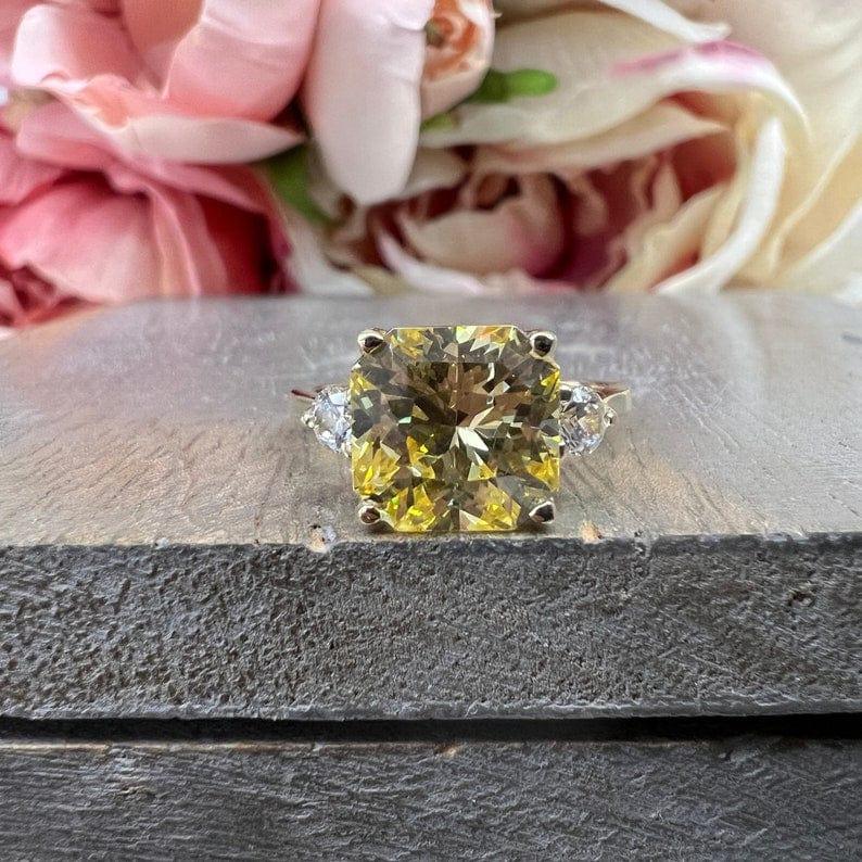 14K Solid Gold Asscher Cut Yellow Topaz Gemstone Three Stone Ring - JBR Jeweler