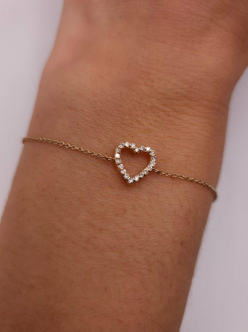 14k Solid Gold CVD Diamonds Open Heart Dainty Bracelet - JBR Jeweler