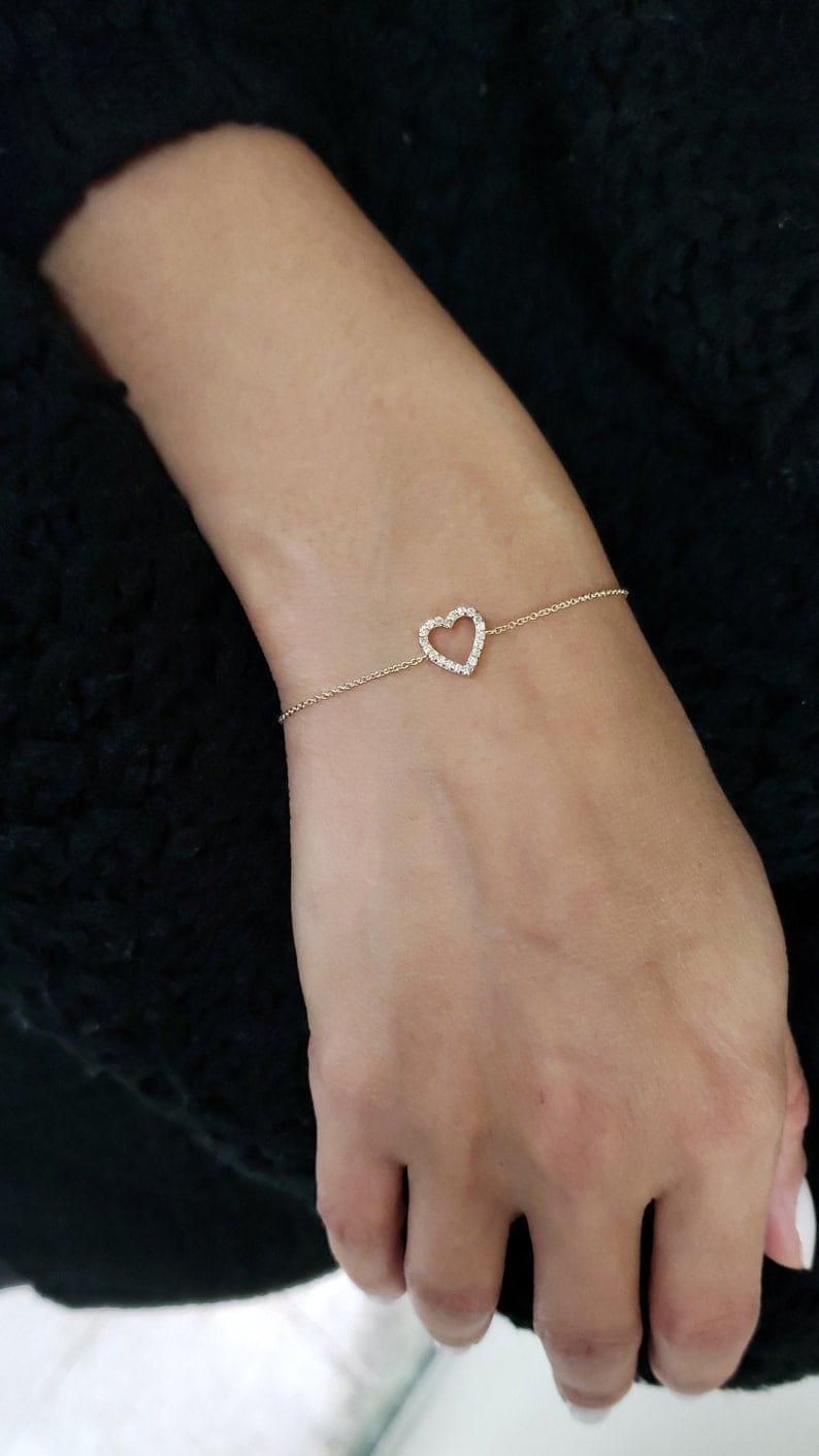 14k Solid Gold CVD Diamonds Open Heart Dainty Bracelet - JBR Jeweler