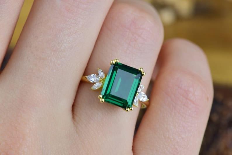 JBR Jeweler Gemstone Engagement Ring 14K Solid Gold Emerald Cut Engagement Green Promise May Birthstone Ring For Gift