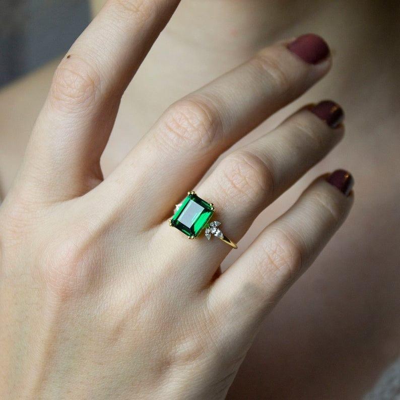 JBR Jeweler Gemstone Engagement Ring 14K Solid Gold Emerald Cut Engagement Green Promise May Birthstone Ring For Gift