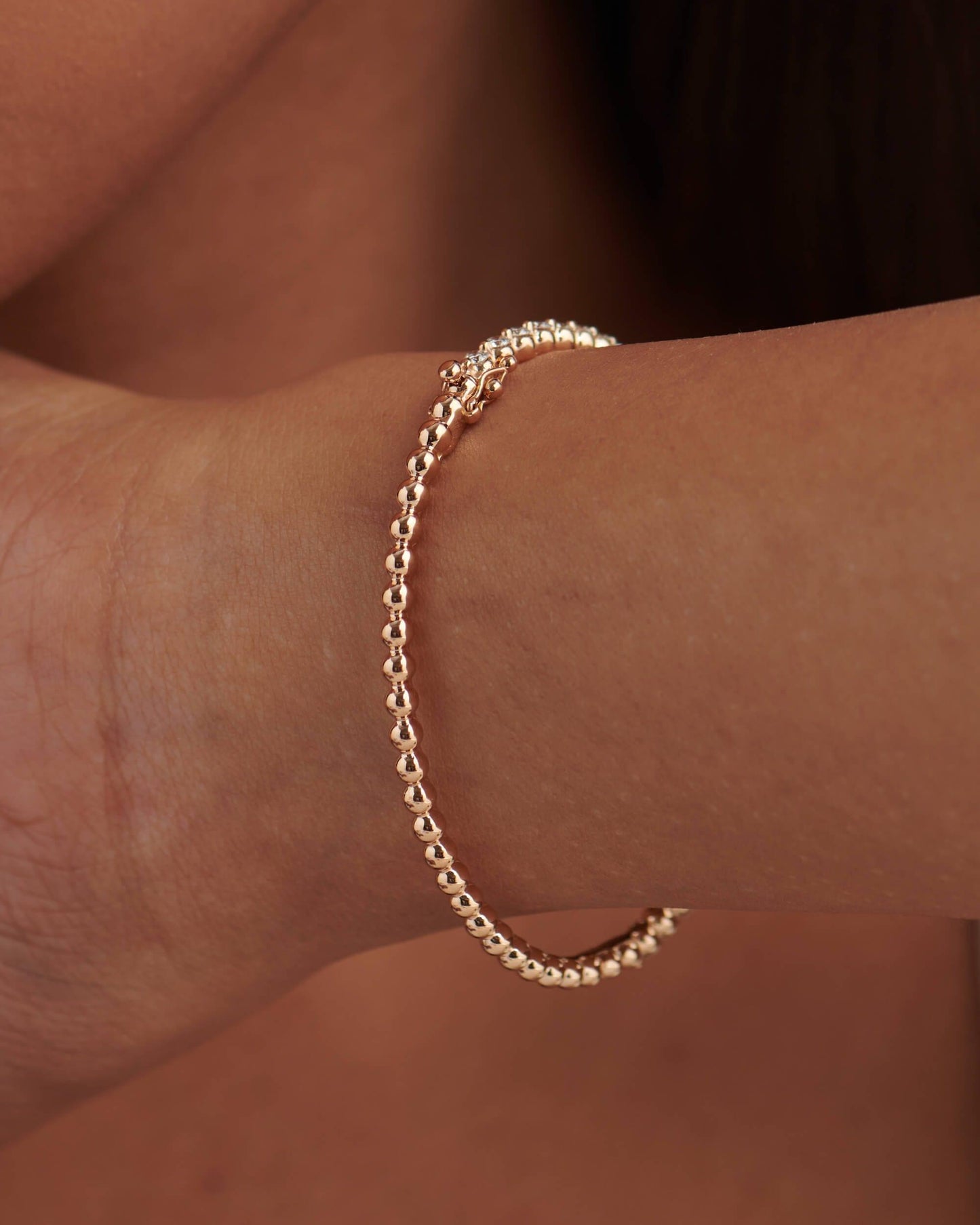 14k Solid Gold Lab Grown Diamond Tennis Beaded Bangle Bracelet - JBR Jeweler